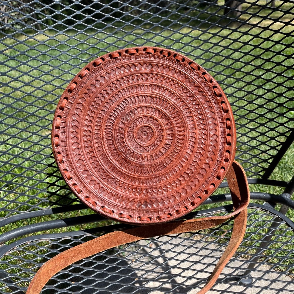 Handcrafted Round Leather Crossbody Bag in Cognac Brown